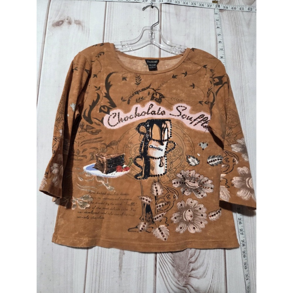 Raakhee Shirt Womens Large Brown Chocolate Souffle Sequin Floral‎ Graphic India